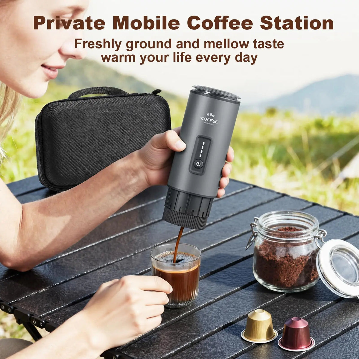 Portable 3 in 1 Electric Espresso Coffee Maker Rechargeable Self Heating Brewer with Carrying Bag and Stand for Camping Hiking