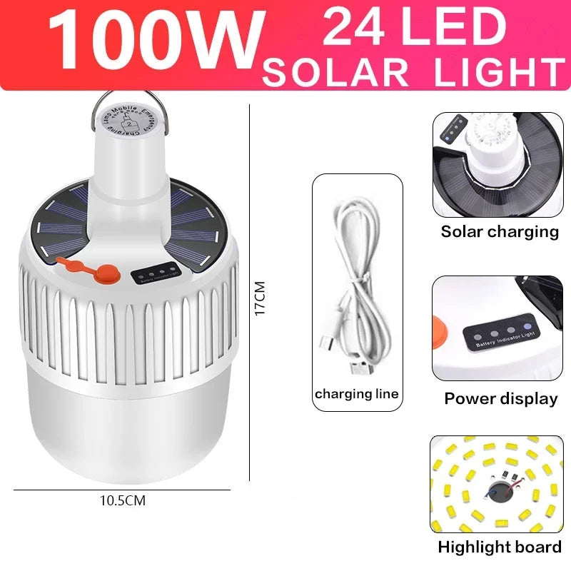 Solar Light USB LED Outdoor Waterproof Rechargeable Solar Powered Portable Emergency Light Bright Camping Lamp for Fishing Garden Hiking Outdoor Activities Compact Easy to Carry Daylight Lighting Cordless Portable Illuminatio