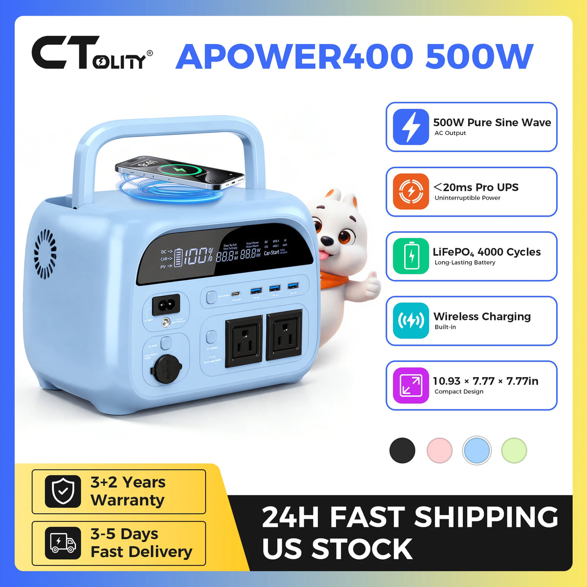 CTOLITY AP200 200W 192Wh Power Bank, AP400 500W Portable Power Station-345.6Wh LiFePo4 Battery AC Charging Station Camping Equipment