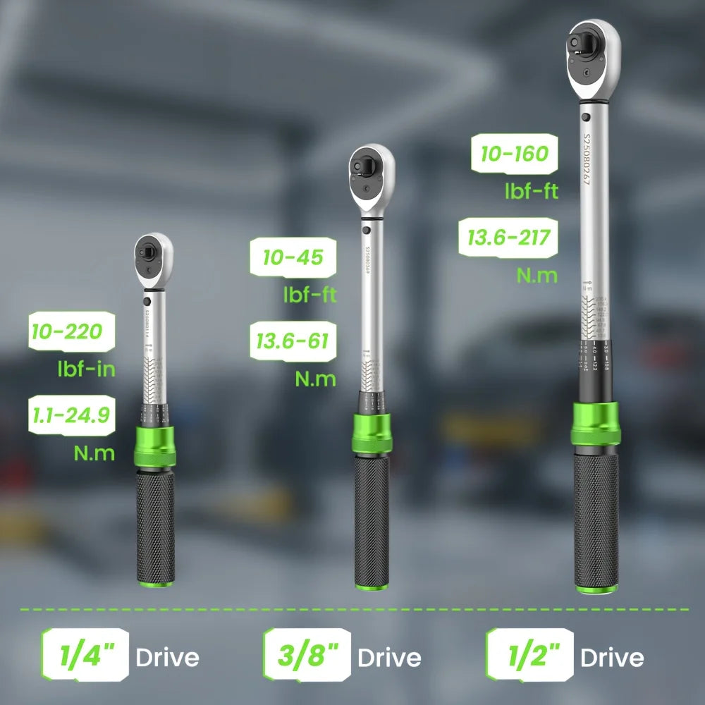 TaskStar 1/4"&3/8"&1/2" Drive Click Torque Wrench Kit 8pcs ±3% Accuracy 72 Tooth Dual Scale Ratchet Wrench for Bike/Moto Repair