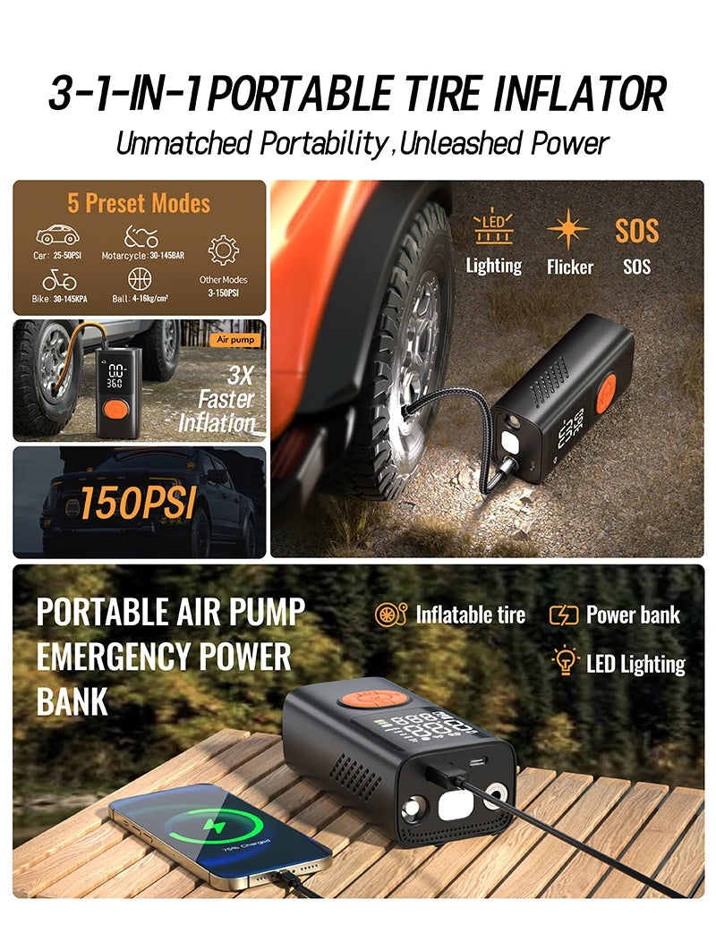 3-in-1 Portable Air Compressor & Tire Inflator, 150 PSI, Emergency Power Bank & LED Light, USB-C Rechargeable, Suitable for Car,