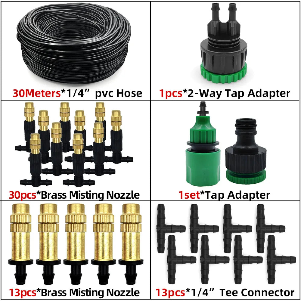 15M-30M Outdoor Misting Cooling System Garden Irrigation Watering 1/4'' Brass Atomizer Nozzles 4/7mm Hose for Patio Greenhouse