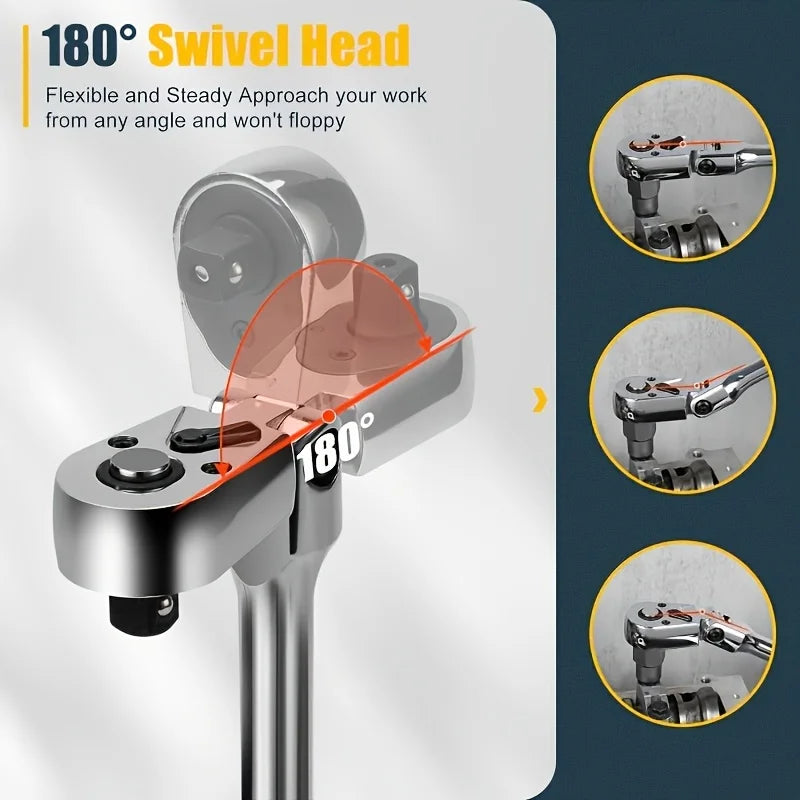 Set Of 6pcs Of Ratchet Wrench Set, With 2-tooth Ratchet 1/ 4 Inch, 3/ 8 Inch, 1/ 2 Inch, Rotating Head Ratchet Wrench With Extension Bar, Made Of High-quality Stainless Steel, Chrome-plated Surface Treatment, With EVA Foam St