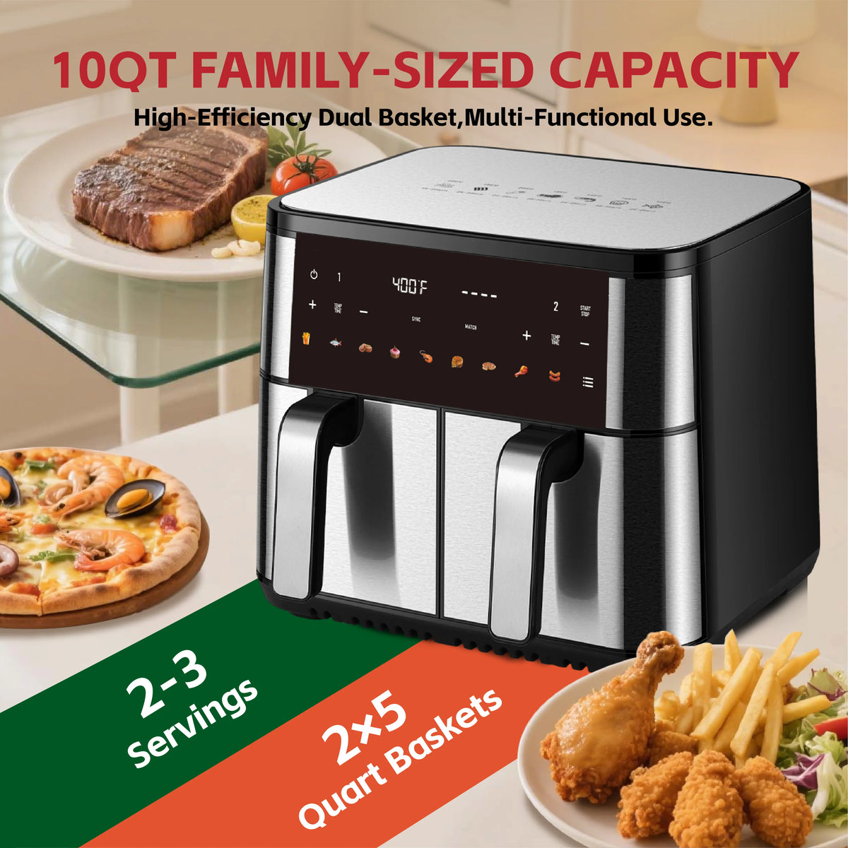 10QT DualZone 1700W Air Fryer with 2 Independent Frying Baskets, Suitable for Large Families Touchscreen, Kitchen Accessories