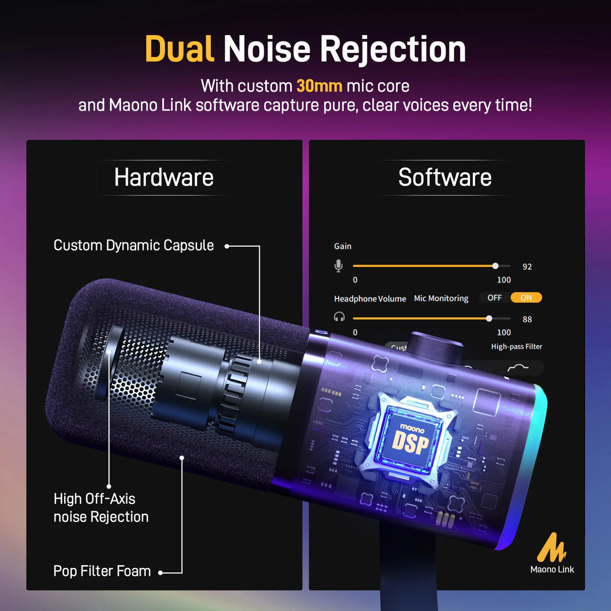MAONO PD100X Dynamic Microphone. Software Noise Reduction Included. RGB Gaming Mic. Enhances Gaming Experience. Ideal for Record