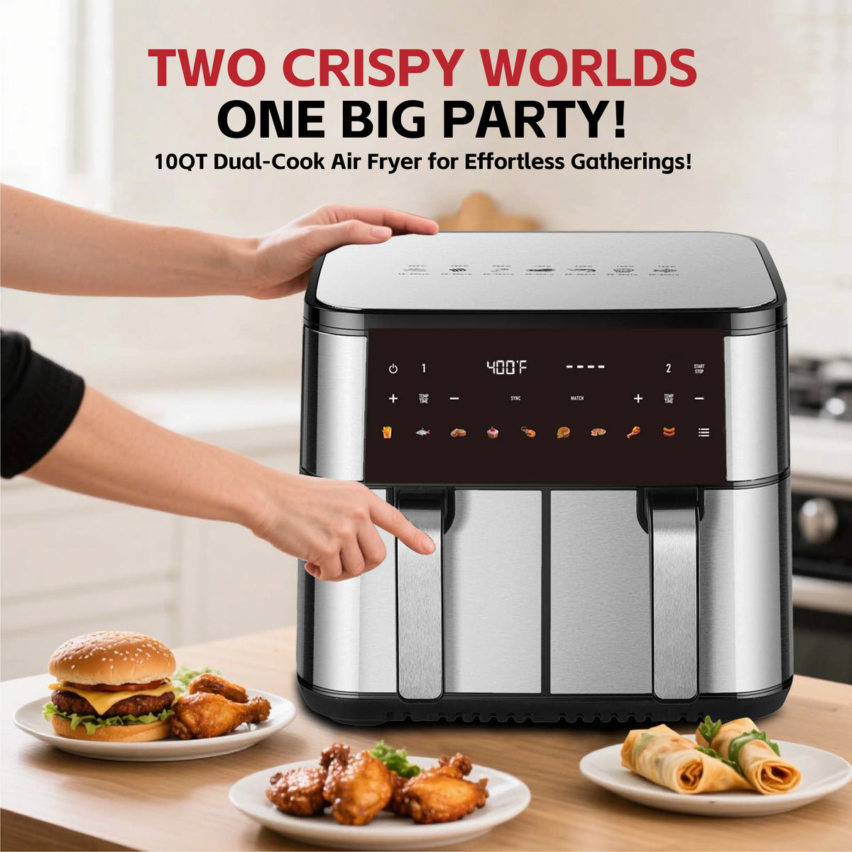 10QT DualZone 1700W Air Fryer with 2 Independent Frying Baskets, Suitable for Large Families Touchscreen, Kitchen Accessories