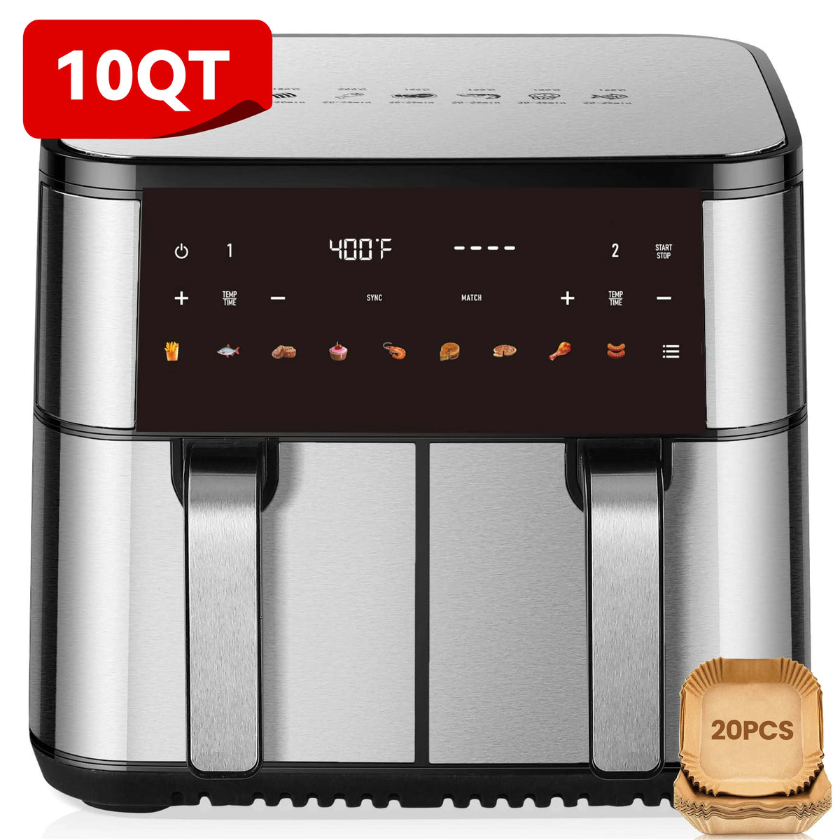 10QT DualZone 1700W Air Fryer with 2 Independent Frying Baskets, Suitable for Large Families Touchscreen, Kitchen Accessories