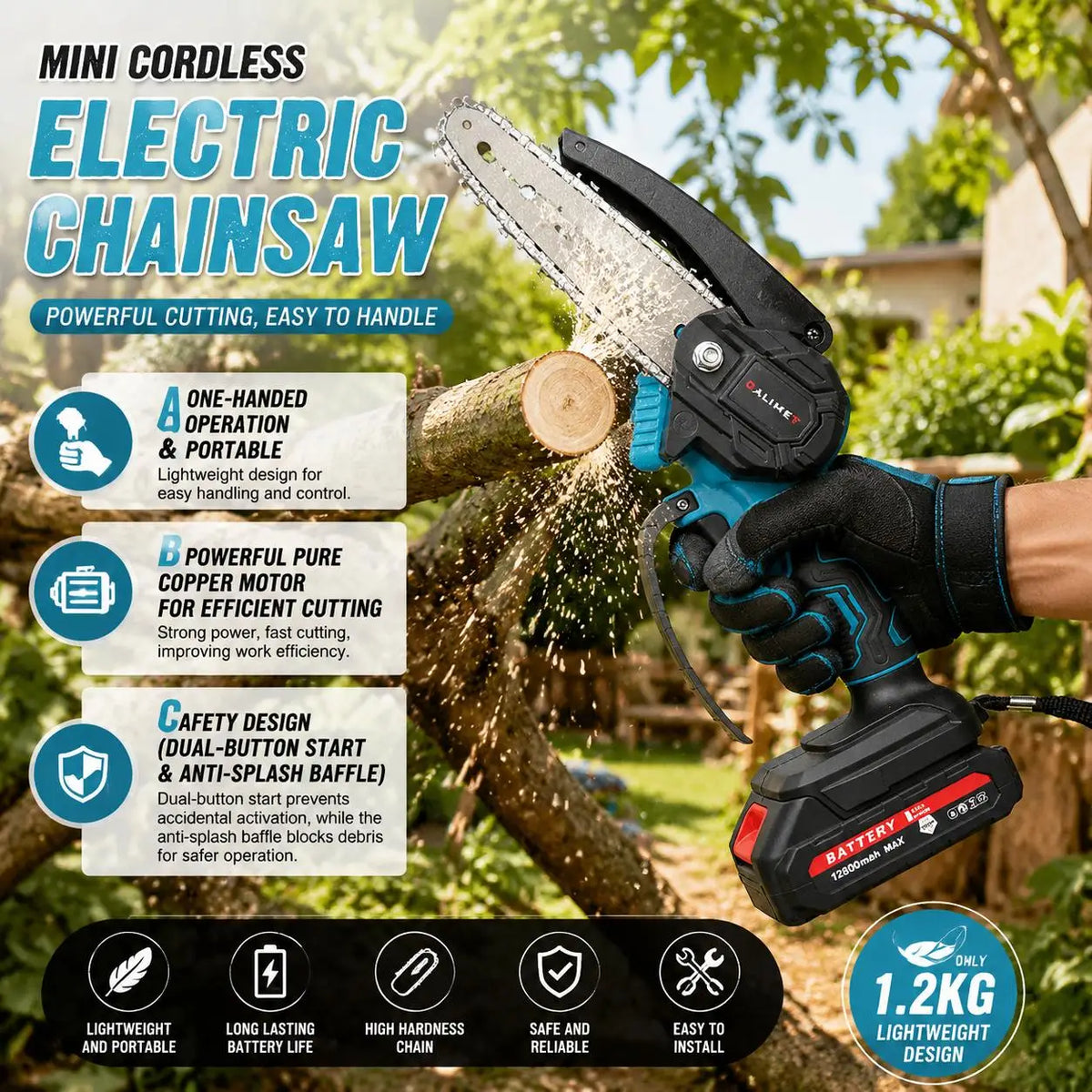 Cordless Rechargeable Handheld Pruning Chainsaw 4 Inch 6 Inch Mini Electric Chainsaw for Garden Tree Branch Trimming Backyard Wood Cutting Portable Power Tool Kit Wireless Saw for Home DIY Projects and Outdoor Maintenance