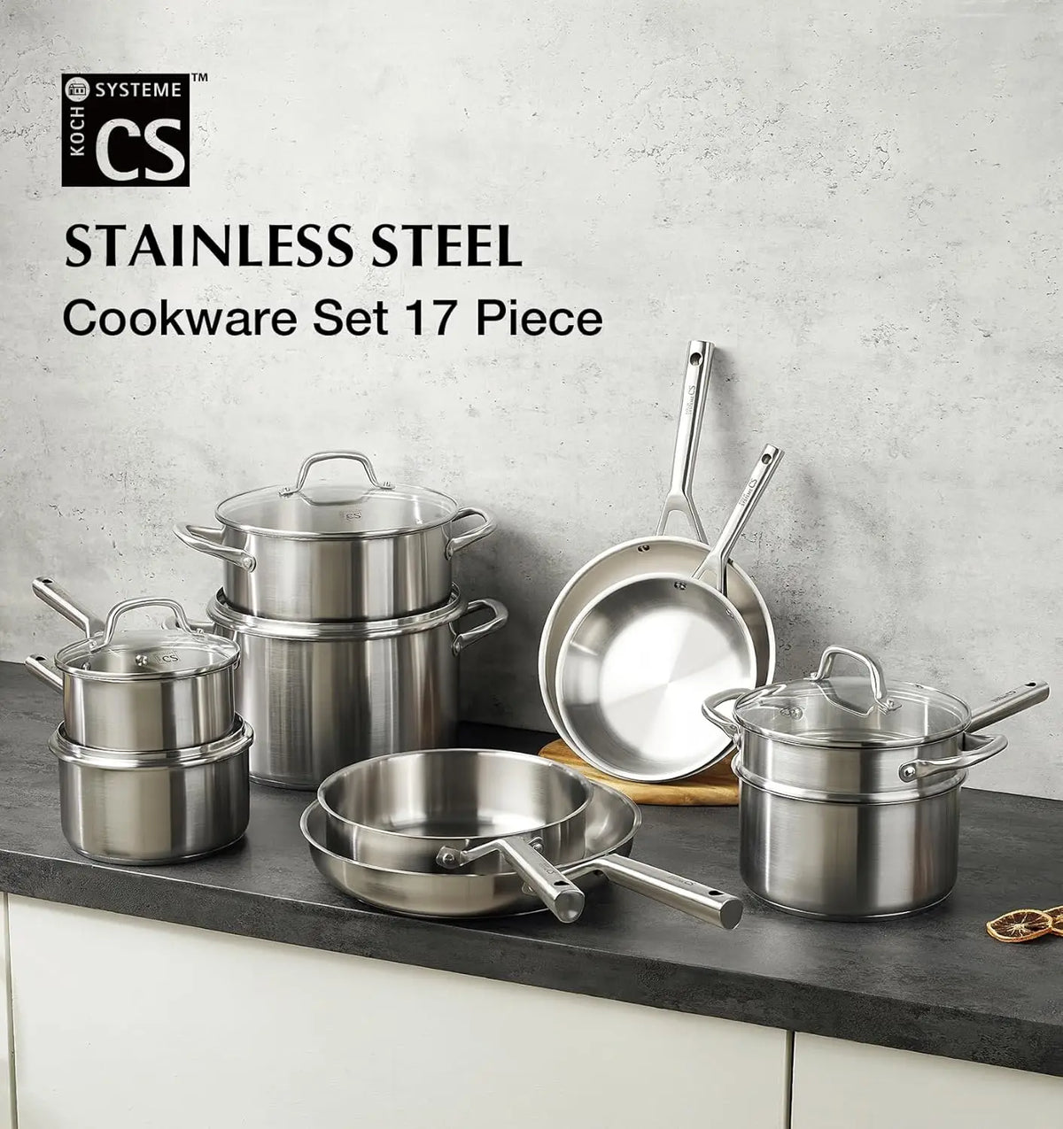 KOCH SYSTEME CS Stainless Steel Cookware Set 17 Piece, Professional 18/10 Stianless Steel Pots and Pans Set, 5-Layer Base, Oven & Induction Safe