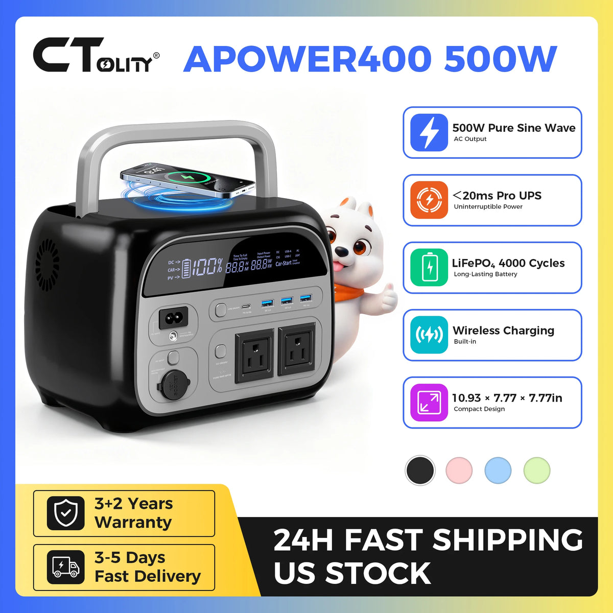 CTOLITY AP200 200W 192Wh Power Bank, AP400 500W Portable Power Station-345.6Wh LiFePo4 Battery AC Charging Station Camping Equipment