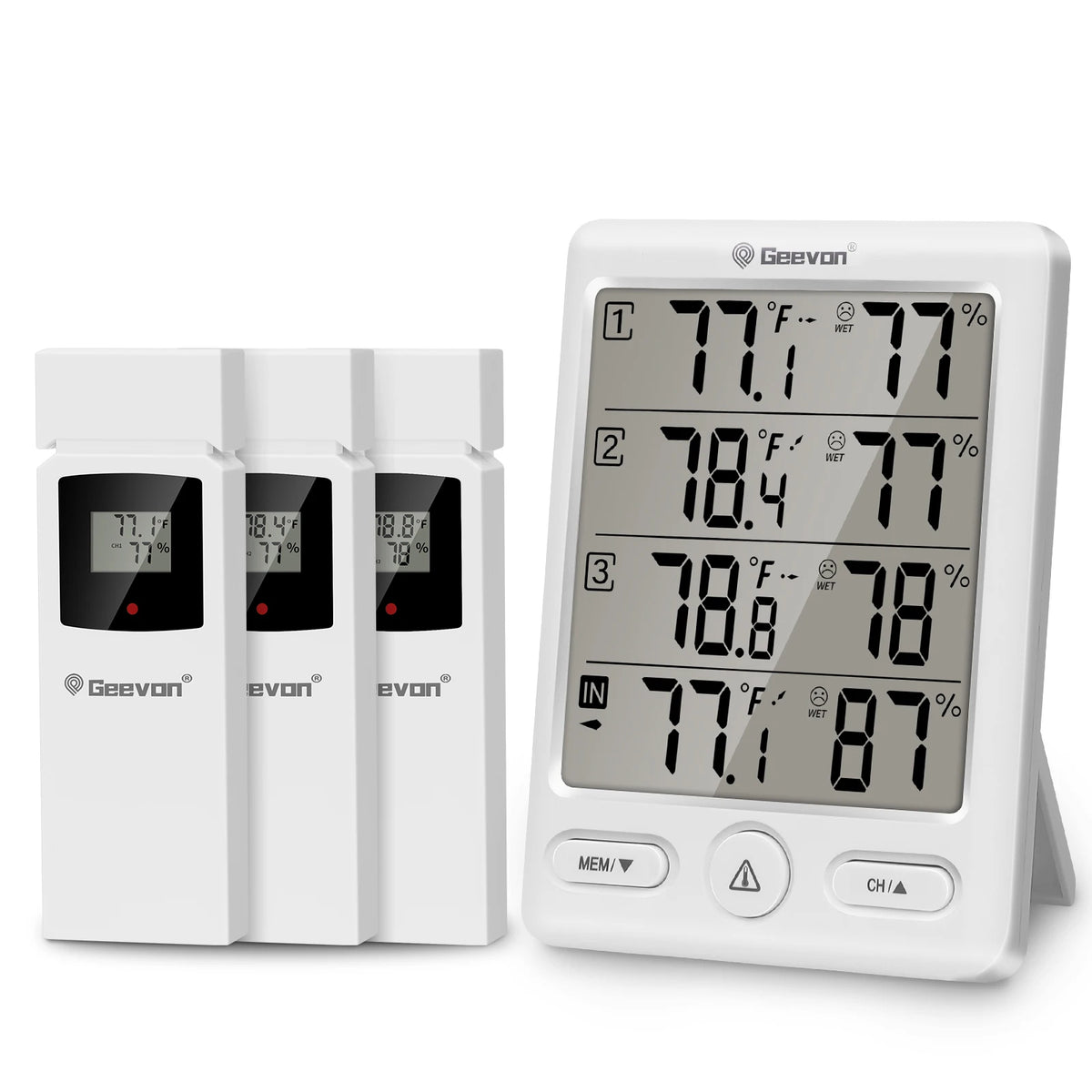 Geevon Wireless Indoor/Outdoor Thermometer with 3 Remote Sensors, Digital Hygrometer, Indoor Thermometer