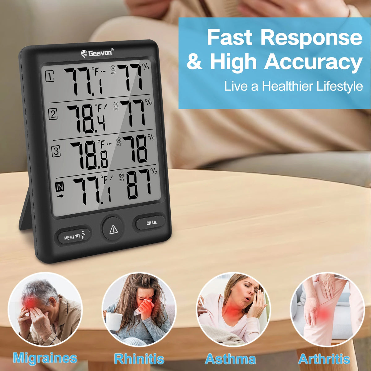 Geevon Wireless Indoor/Outdoor Thermometer with 3 Remote Sensors, Digital Hygrometer, Indoor Thermometer