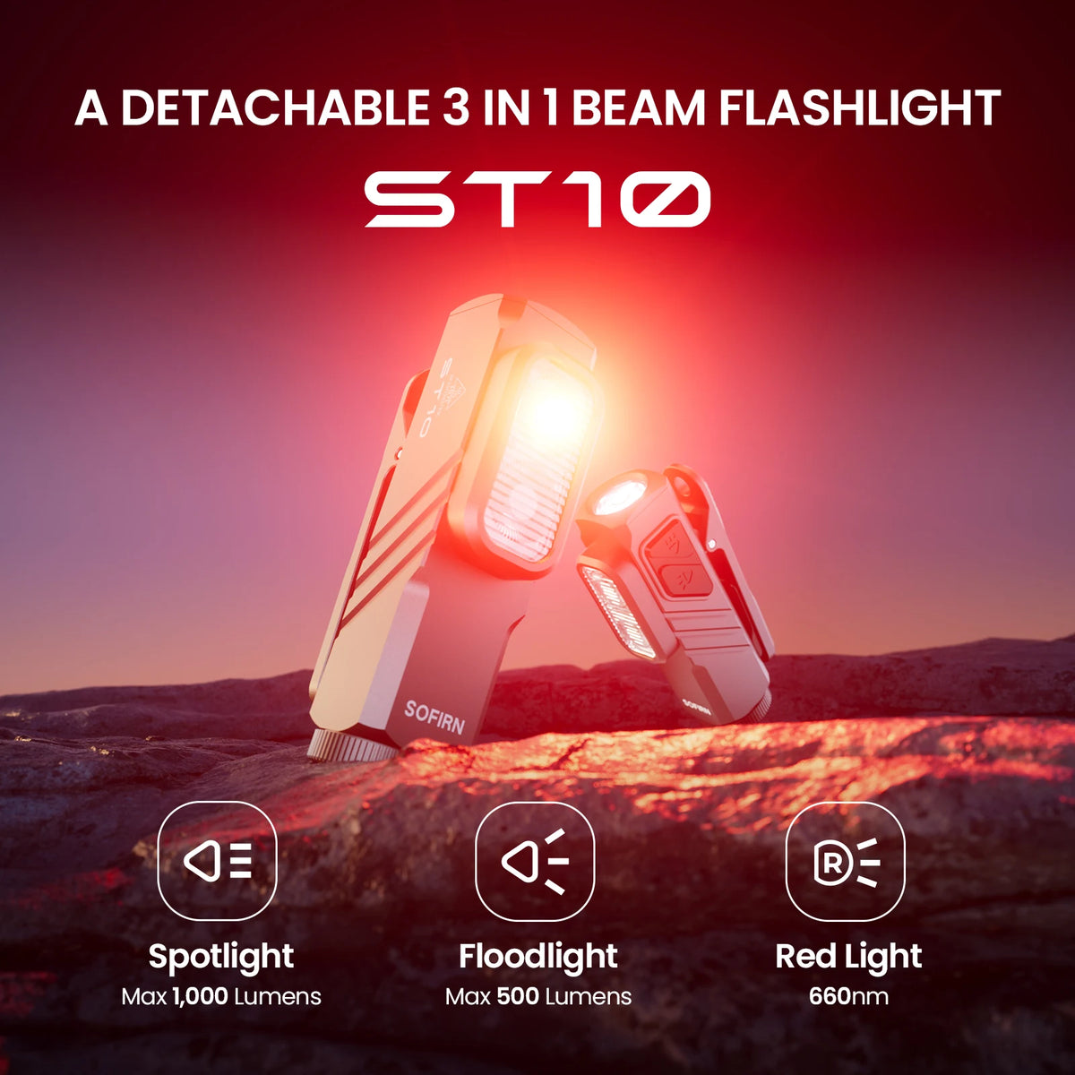 SOFIRN ST10 1000LM EDC Flashlight USB C 14500 Rechargeable with Mini Red Light 660NM Magnetic Tail & Clip Dual Switch Torch