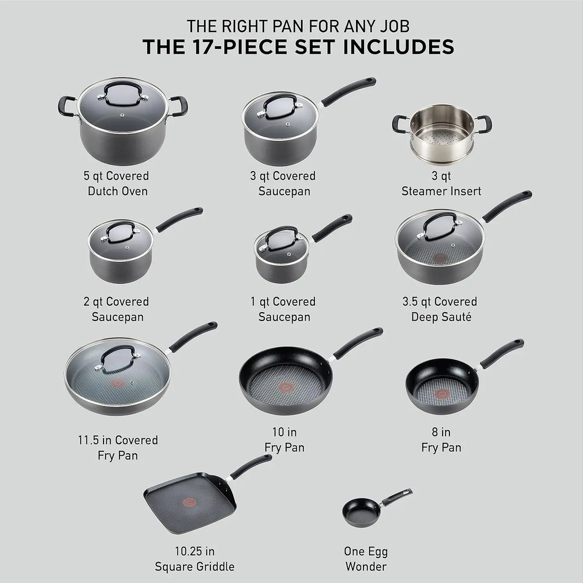 T-Fal Ultimate Hard Anodized Nonstick Cookware Set 17 Piece, Nonstick Pots and Pans Set with Fry Pan, Saucepans, Saute-Pan, Grid