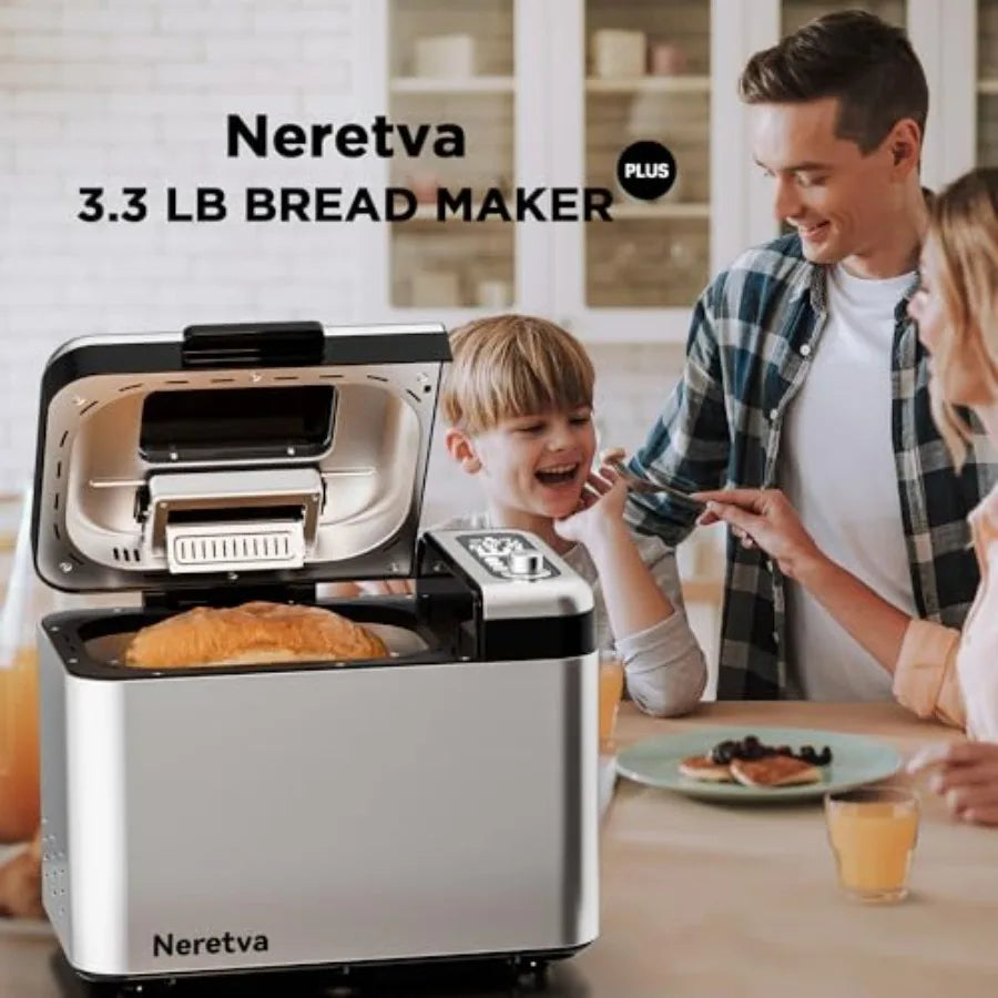 Bread Maker for Home Kitchen Use, Stainless Steel, Silver, 3.3LB Capacity with Dual Heaters and Auto Nut Dispenser