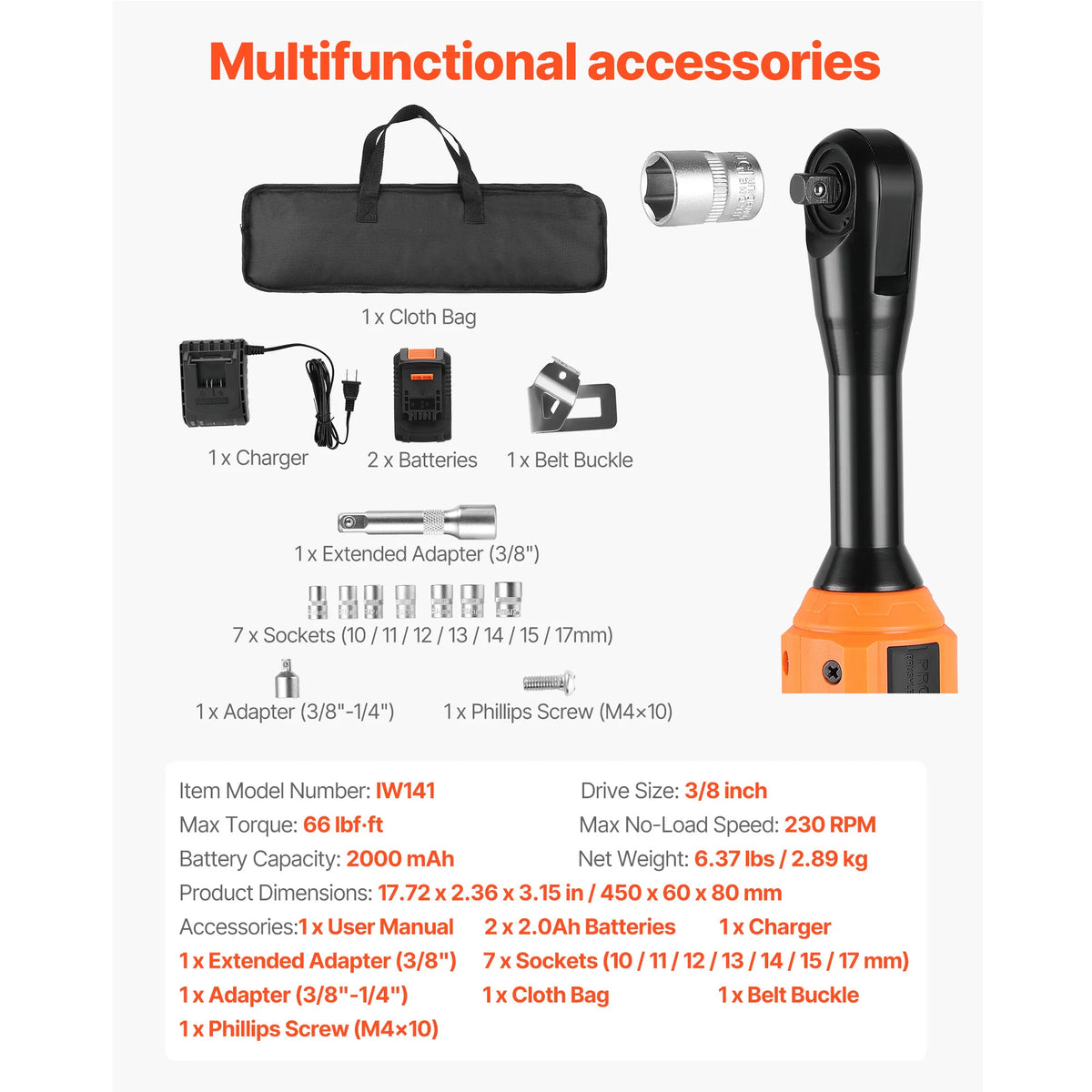 SucceBuy Cordless Ratchet Wrench Battery Powered Electric Wrench Set with Batteries Charger Sockets Adaptor and Carrying Case
