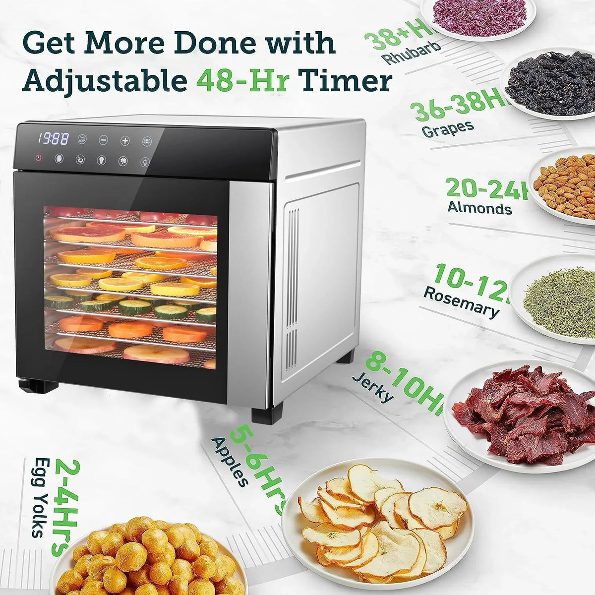 8-Tray Stainless Steel,600W with 4 Presets & Digital Timer for Jerky, Fruit, Herbs - Dishwasher Safe, BPA Free Food Dehydrator