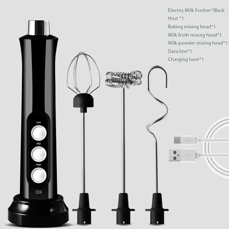 Wireless Rechargeable Electric Milk Frother - 3 Speeds, Handheld Foam Maker for Latte Cappuccino Hot Chocolate USB Rechargeable