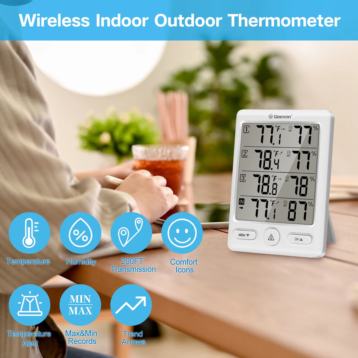 Geevon Wireless Indoor/Outdoor Thermometer with 3 Remote Sensors, Digital Hygrometer, Indoor Thermometer