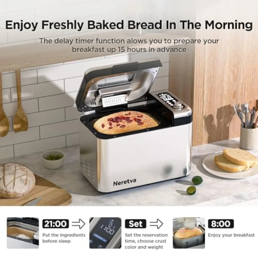 Bread Maker for Home Kitchen Use, Stainless Steel, Silver, 3.3LB Capacity with Dual Heaters and Auto Nut Dispenser