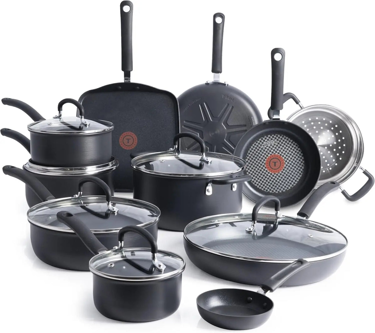 T-Fal Ultimate Hard Anodized Nonstick Cookware Set 17 Piece, Nonstick Pots and Pans Set with Fry Pan, Saucepans, Saute-Pan, Grid