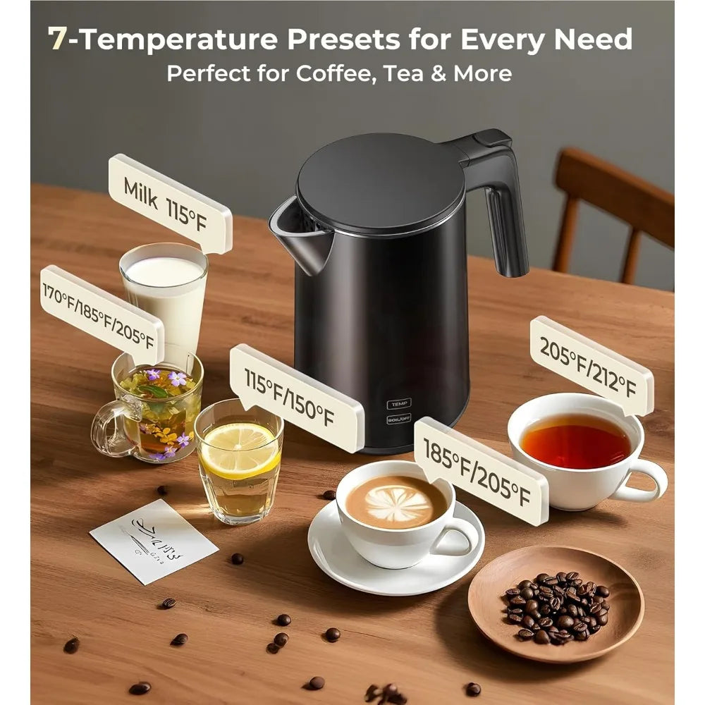 1L 1200W Stainless Steel Electric Kettle with 7 Temperature Settings 4 Hour Keep Warm Fast Boil Auto Shut Off Cool Touch Black