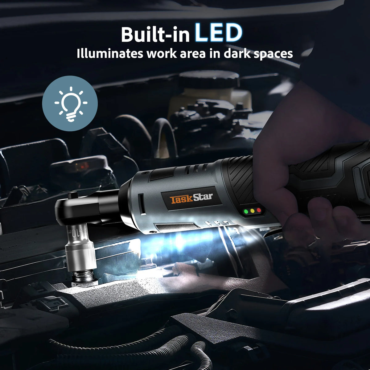 Taskstar 12V Electric Ratchet Wrench Set 3/8 Inch Cordless Power Tool for Car Repair Handheld Disassembly Tool Wrench Kit with 2 2000mAh Batteries & 7 Sockets