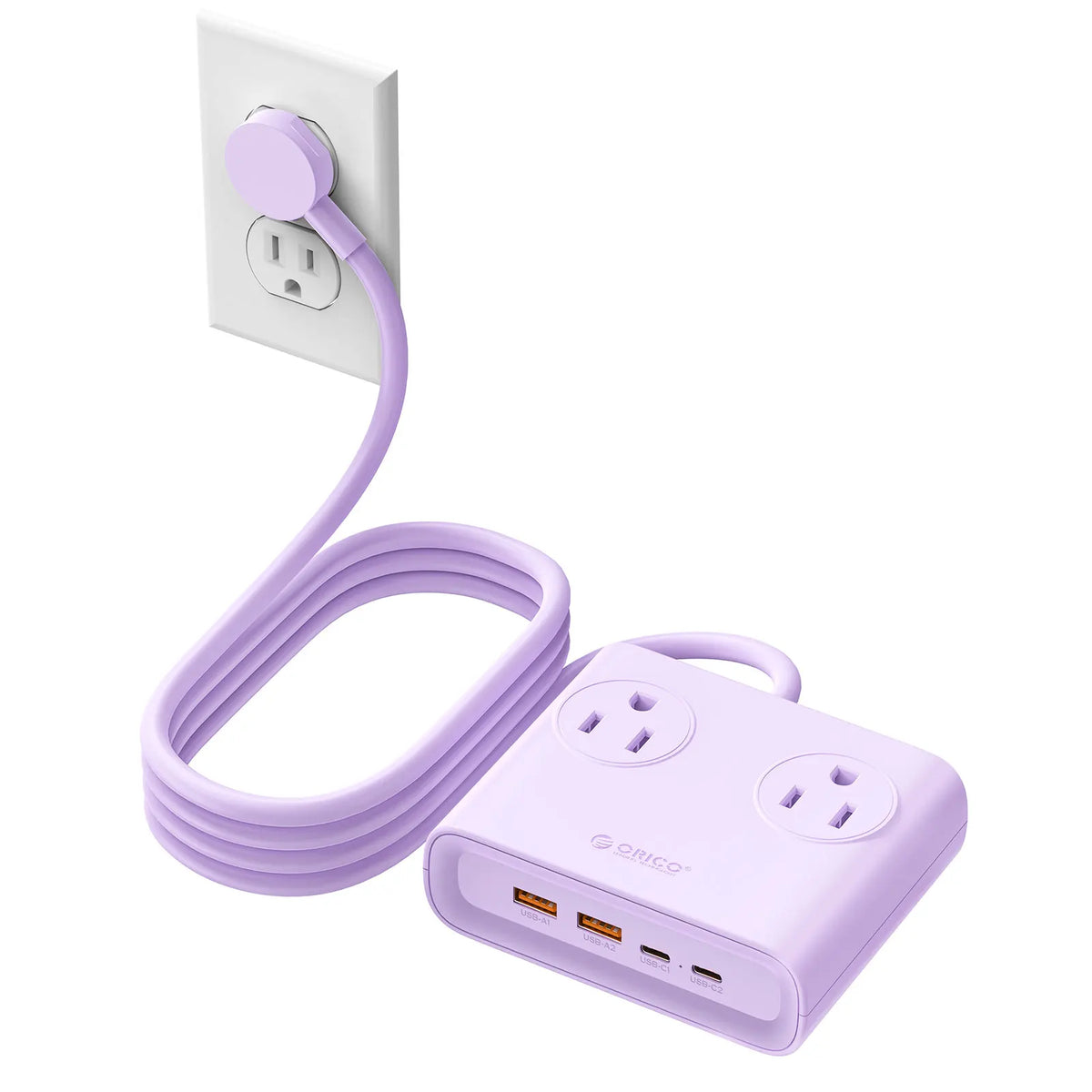 ORICO Power Brick Max 25W GaN Power Strip 8-in-1 Desktop Charging Station with 4 AC Outlets 2 USB-C 2 USB-A 5ft Extension Cord 45° Ultra Thin Flat Plug for Travel Office Home