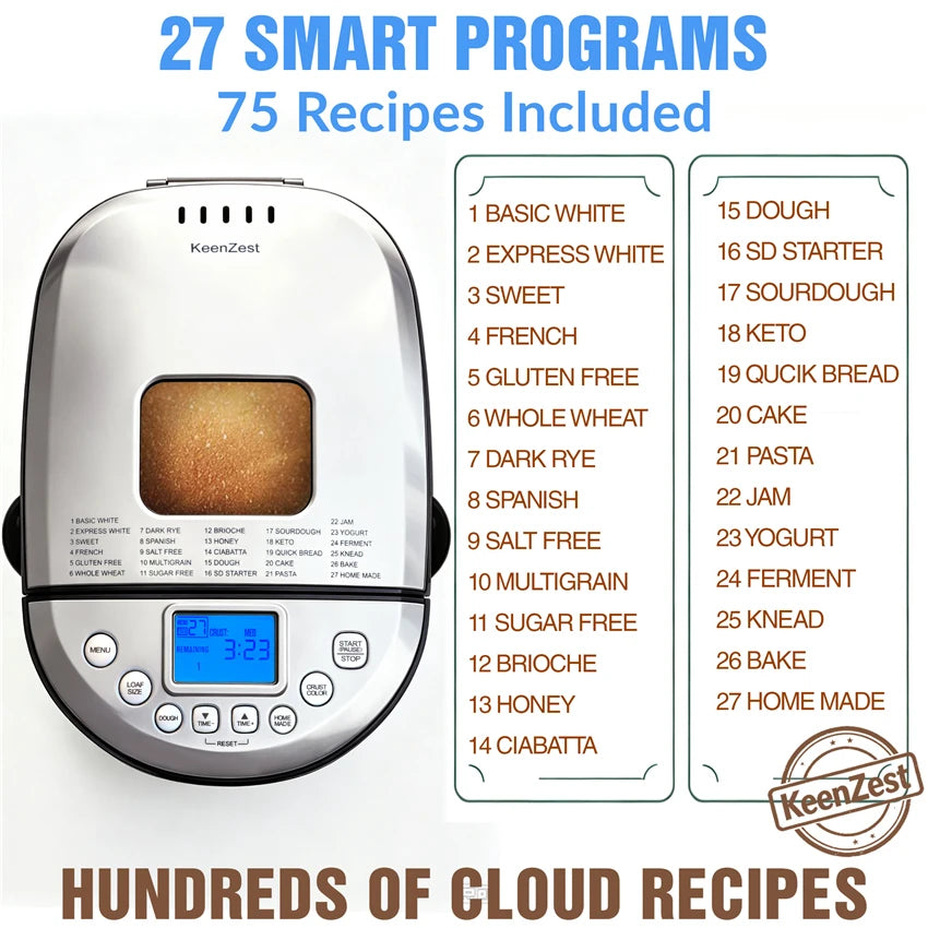 KeenZest 27-in-1 Smart Bread Maker with Gluten Free Setting 2LB Whole Wheat Bread Machine with Homemade Cycle Recipes Included