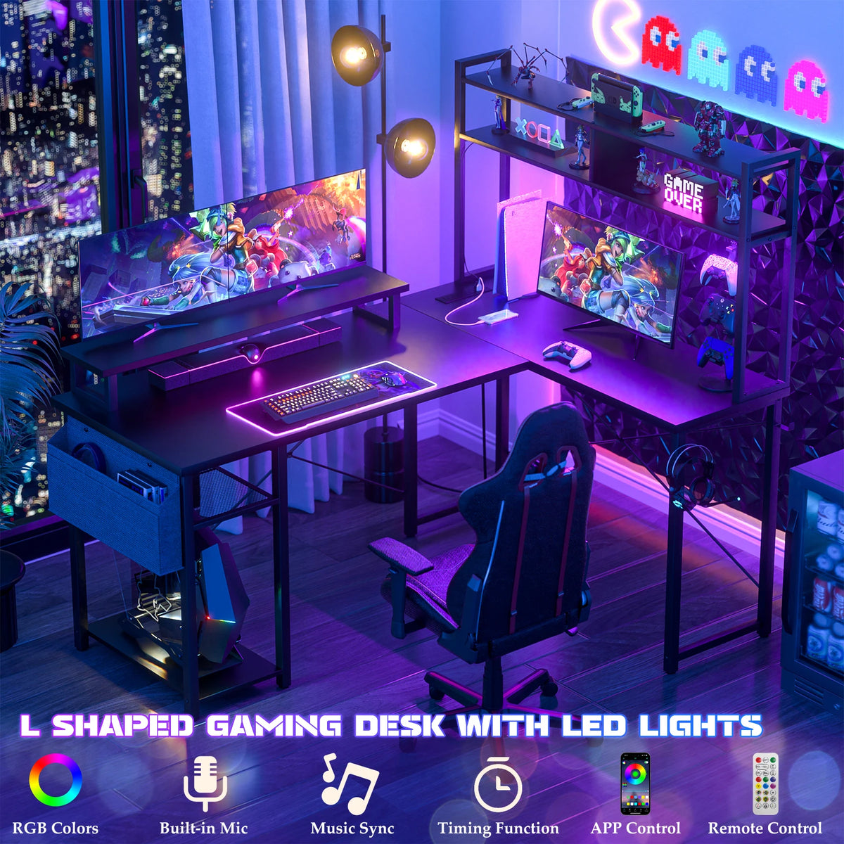 Aheaplus Small L‑Shaped Gaming Desk with LED Lights & Power Outlets, Reversible Corner Computer Desk with Monitor Stand & Storage Shelf, Home Office Desk with Storage Bag & Headphone Hook – Black
