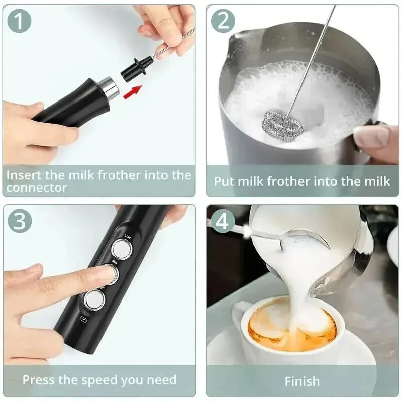 Wireless Rechargeable Electric Milk Frother - 3 Speeds, Handheld Foam Maker for Latte Cappuccino Hot Chocolate USB Rechargeable