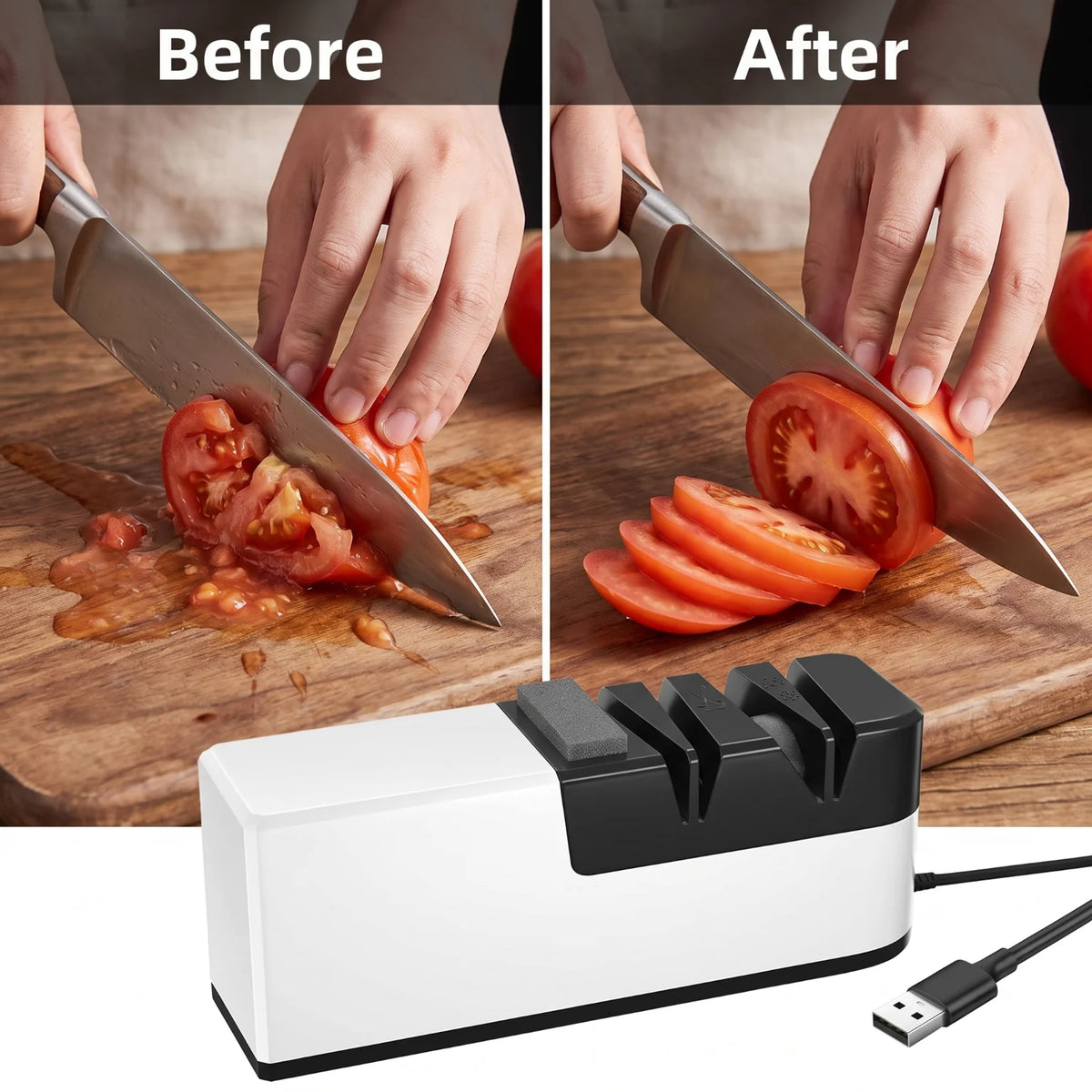 5 in 1 Electric Knife Sharpener Fast 5 Second Grinding Kitchen Automatic Knife Sharpening Machine with Rough & Fine Grinding Wheel for Chef Knives Fruit Cleaver Scissors USB Powered