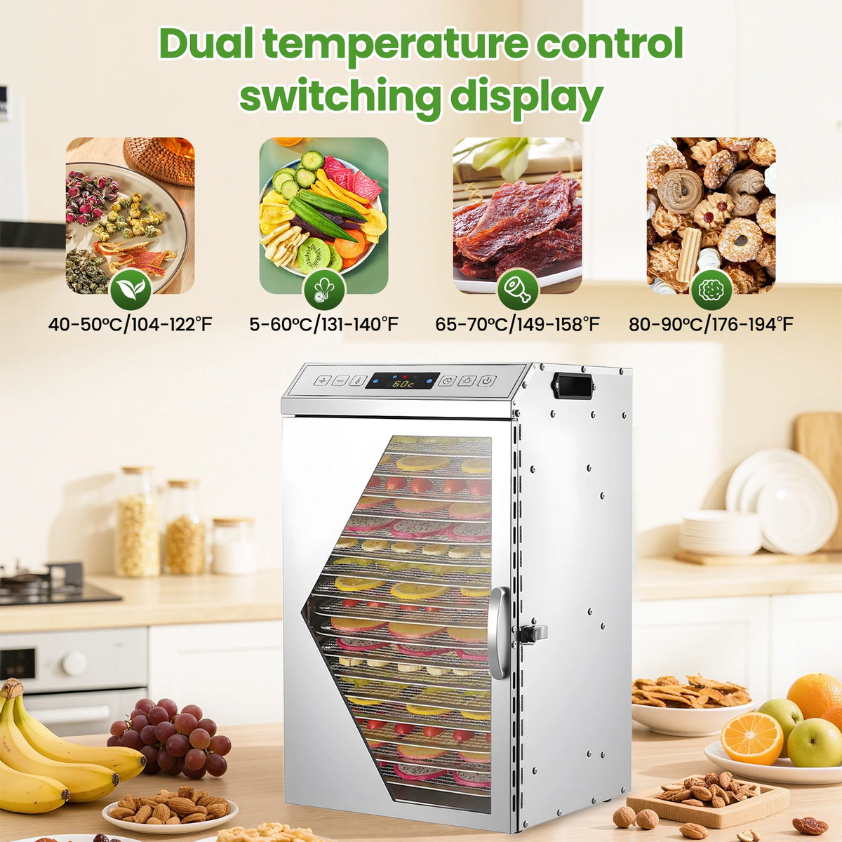 800W Commercial Food Dehydrator with 18 Trays, Stainless Steel Electric Fruit Dryer Machine with Touch Panel & Dual-Fan Even Drying, 194°F Max Temp 24H Timer for Jerky Meat Vegetables Herbs and Dog Treats