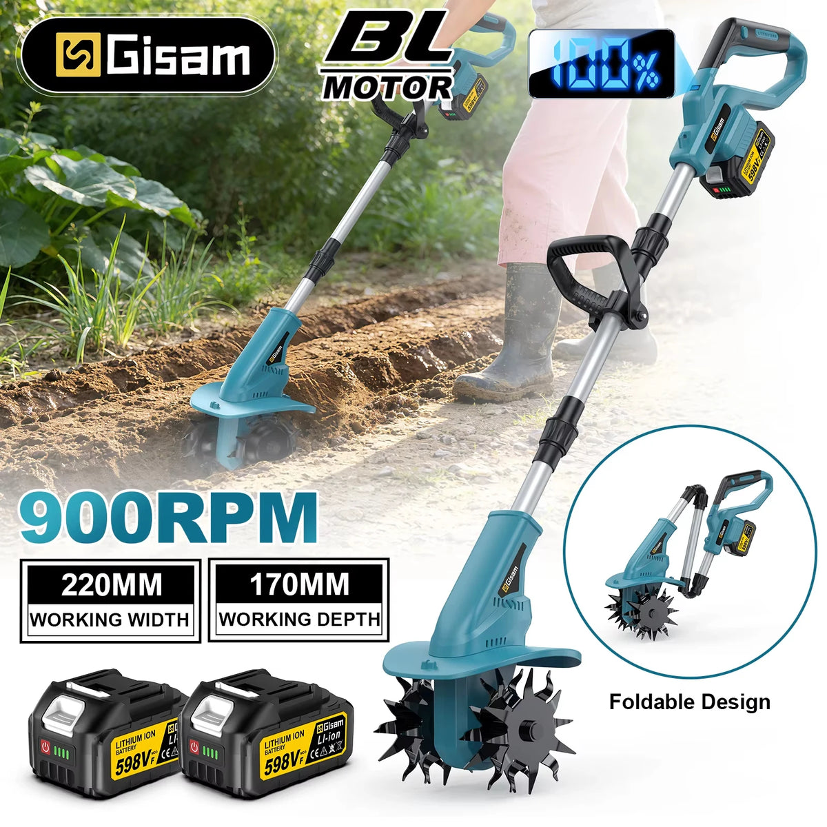 Gisam Brushless Electric Garden Tiller Lawn Mower Rototiller For Soil Cultivation Garden Power Tool For Makita 18v Battery Pin