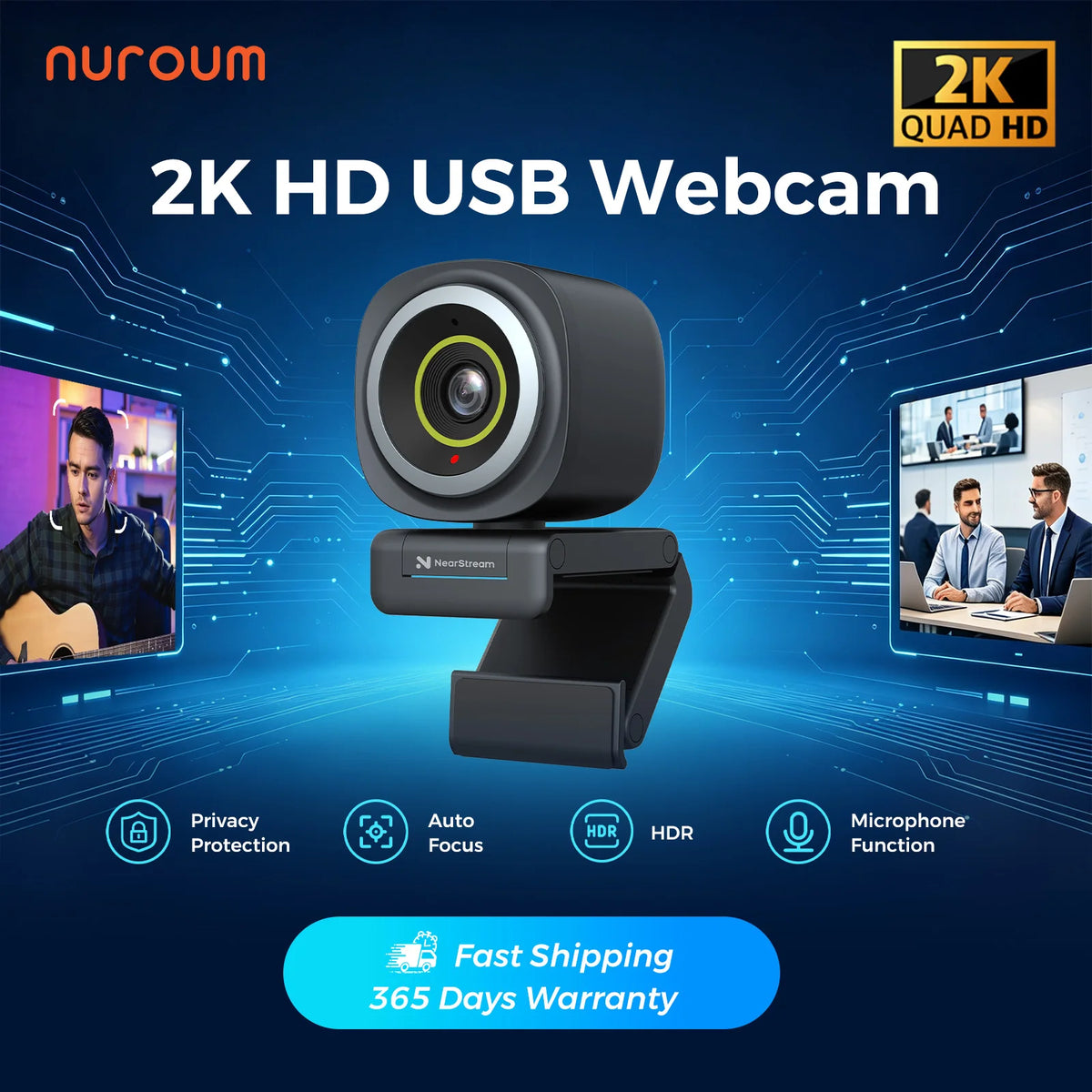NearStream V02AF Full HD 1080P@60FPS USB Webcam, Built-in AI High SNR Noise Cancelling Mic, Intelligent Auto Focus, 60/75/95° Adjustable FOV, NearSync Software for Custom Image Tuning, Plug & Play Laptop Desktop Camera for V