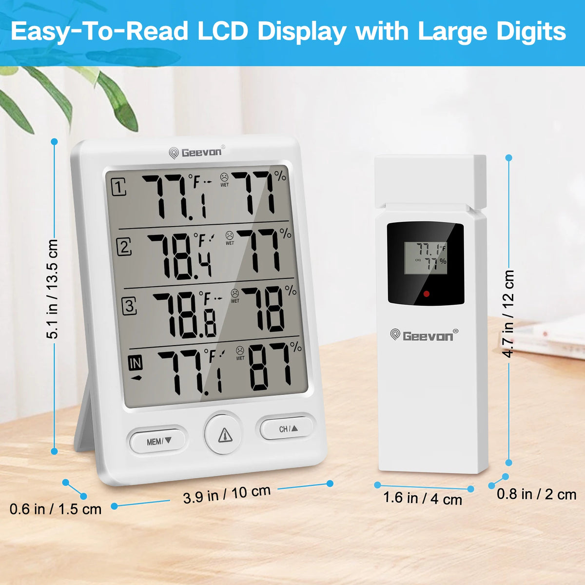 Geevon Wireless Indoor/Outdoor Thermometer with 3 Remote Sensors, Digital Hygrometer, Indoor Thermometer