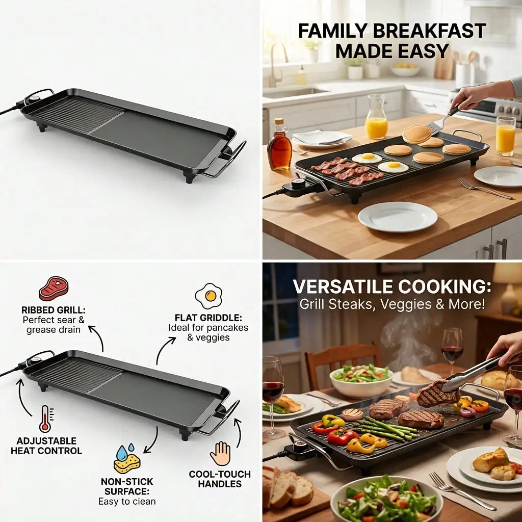 Electric Oversized Detachable Non-Stick Baking Tray, Smoke-Free Grill Plate with Dual Cooking Zones & Separable Temperature Controller