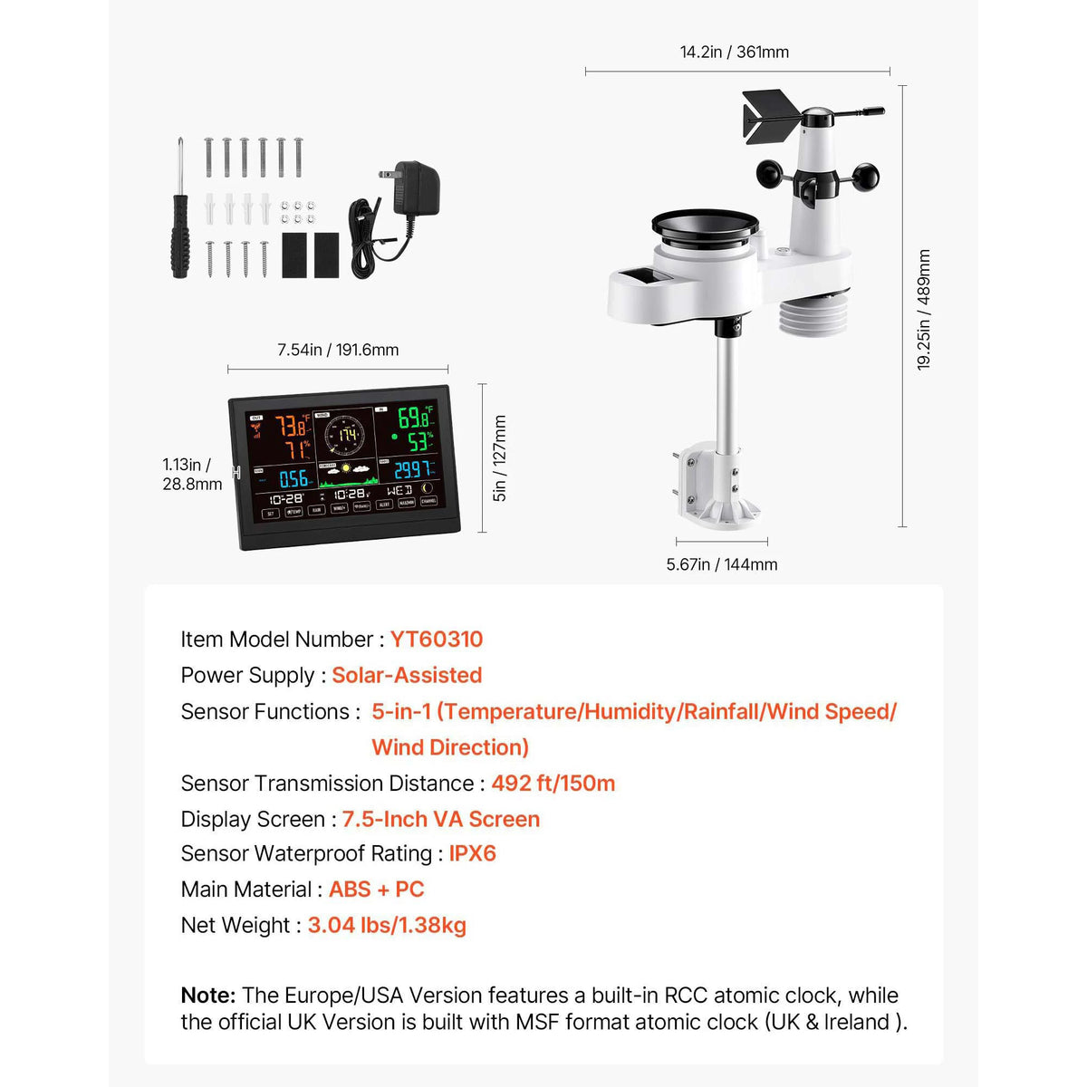 SucceBuy 5-in-1 Wireless Weather Station 7.5-Inch VA Display Solar Powered Outdoor Sensor, Rain Gauge&Weather Forecast, No WiFi