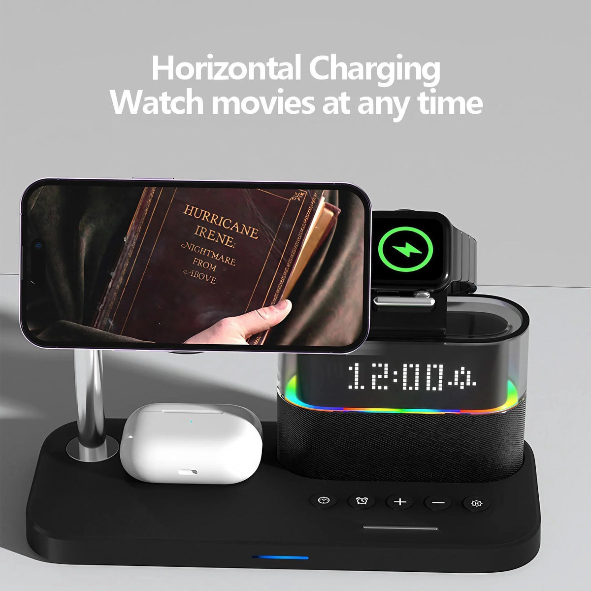 Wireless Charging Station 3 In 1 Magnetic Charger 15W Fast Charging Stand Dock For iPhone 15 14 13 12 Pro Max Mini Apple Watch Series 9 8 7 6 5 4 3 2 SE AirPods Pro 2 With RGB Night Light Alarm Clock Foldable Portable Travel