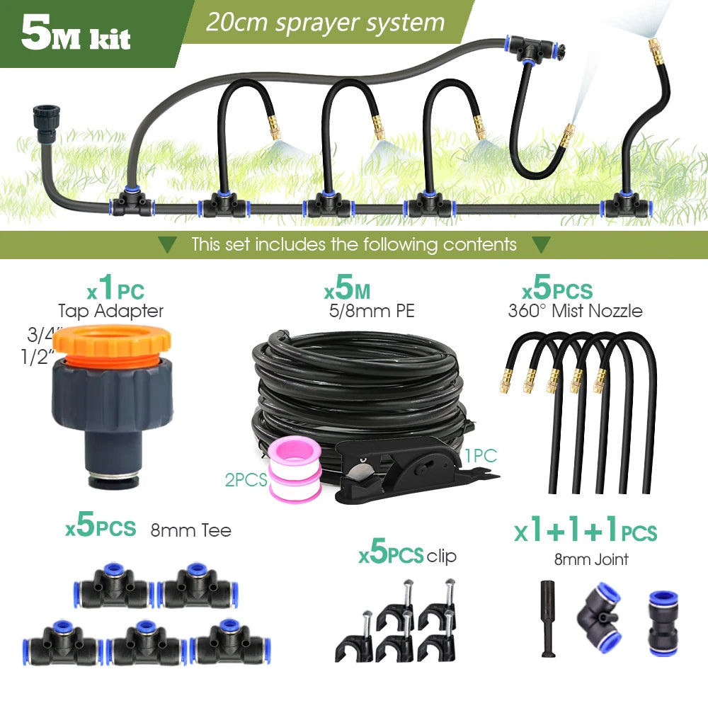 Black 8mm PE Hose 20cm Flexible Nozzle Misting Watering System 45/60/80/100W Self-priming Pump Adjustable Sprayer Kit for Garden