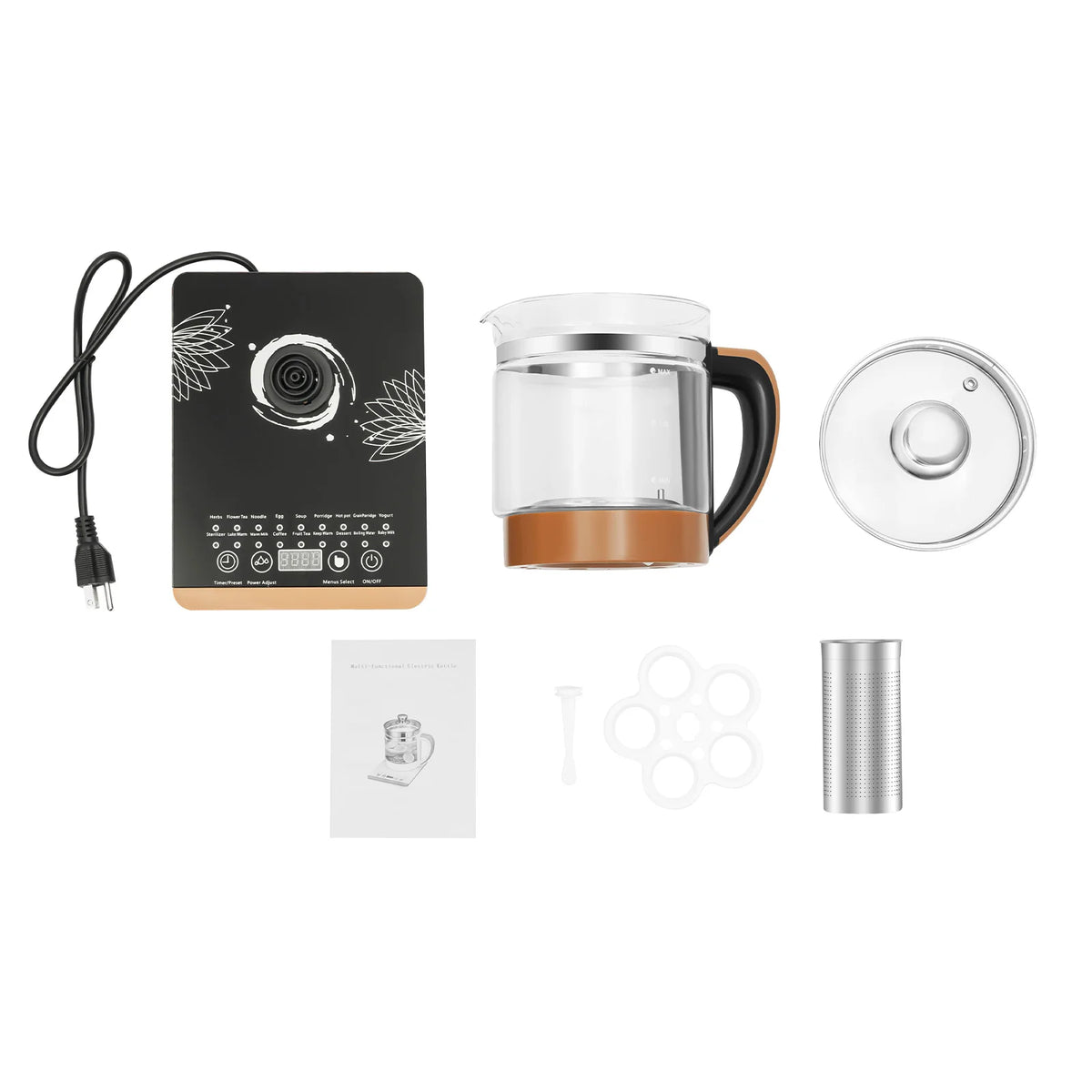 1.8L Electric Glass Kettle Electric Kettle HealthCare Pot Black With Filter And Egg Steamer Rack 18 Cooking Functions Multifunctional Tea Maker Hot Water Boiler For Tea Milk Coffee Pasta Hotpot Soup US Standard 3 Way Tea Infu