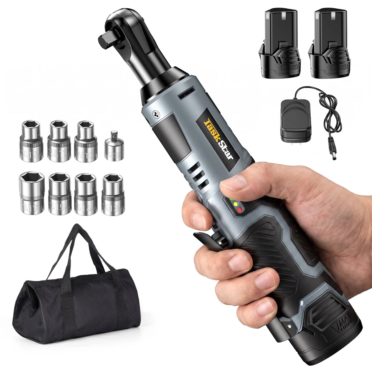 Taskstar 12V Electric Ratchet Wrench Set 3/8 Inch Cordless Power Tool for Car Repair Handheld Disassembly Tool Wrench Kit with 2 2000mAh Batteries & 7 Sockets