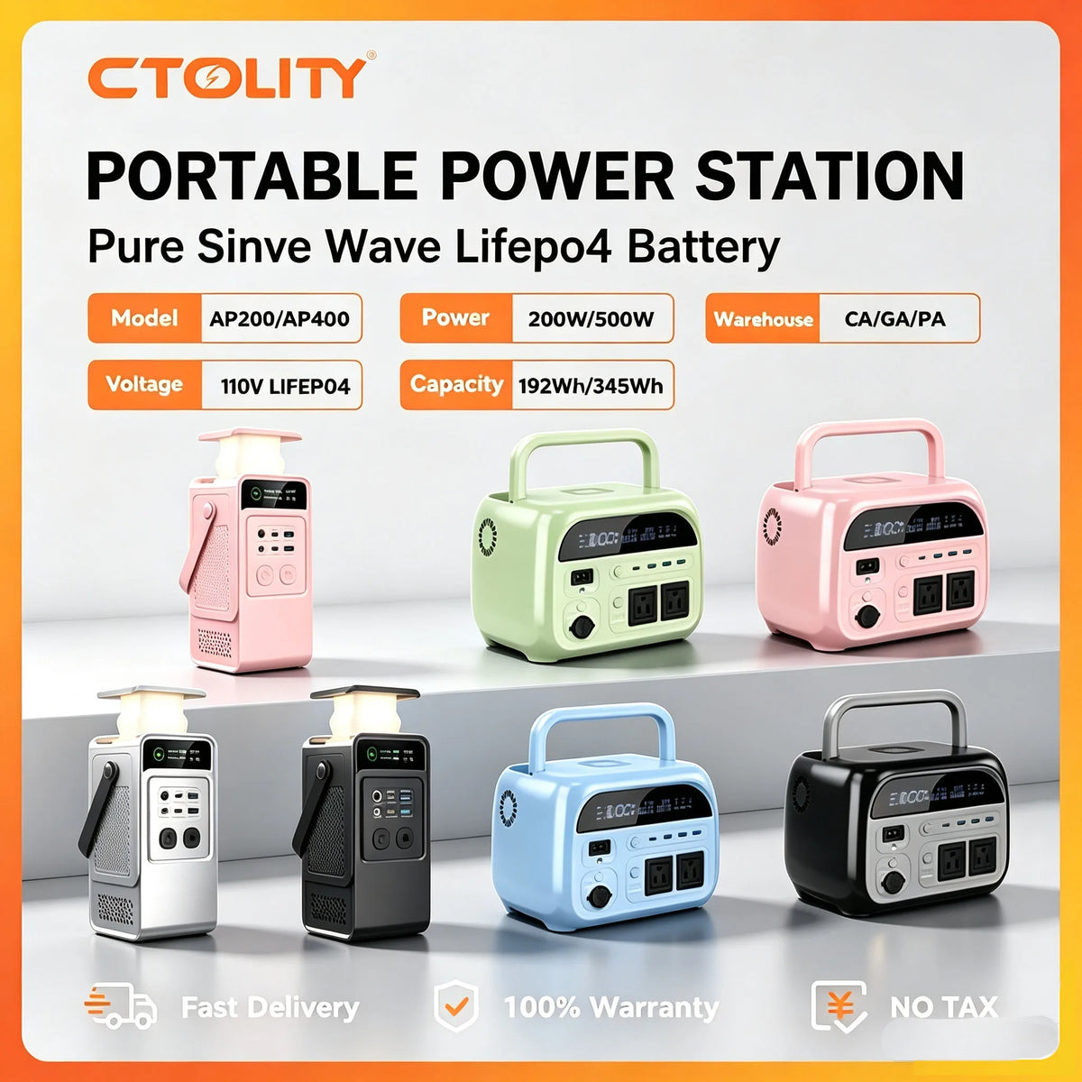 CTOLITY AP200 200W 192Wh Power Bank, AP400 500W Portable Power Station-345.6Wh LiFePo4 Battery AC Charging Station Camping Equipment