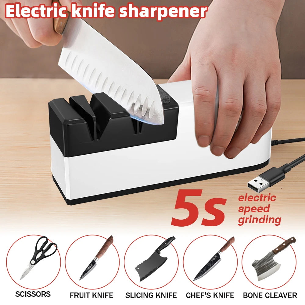 5 in 1 Electric Knife Sharpener Fast 5 Second Grinding Kitchen Automatic Knife Sharpening Machine with Rough & Fine Grinding Wheel for Chef Knives Fruit Cleaver Scissors USB Powered