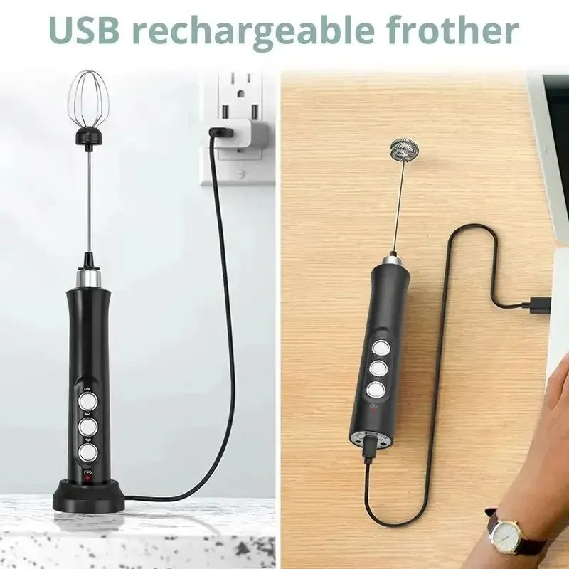 Wireless Rechargeable Electric Milk Frother - 3 Speeds, Handheld Foam Maker for Latte Cappuccino Hot Chocolate USB Rechargeable