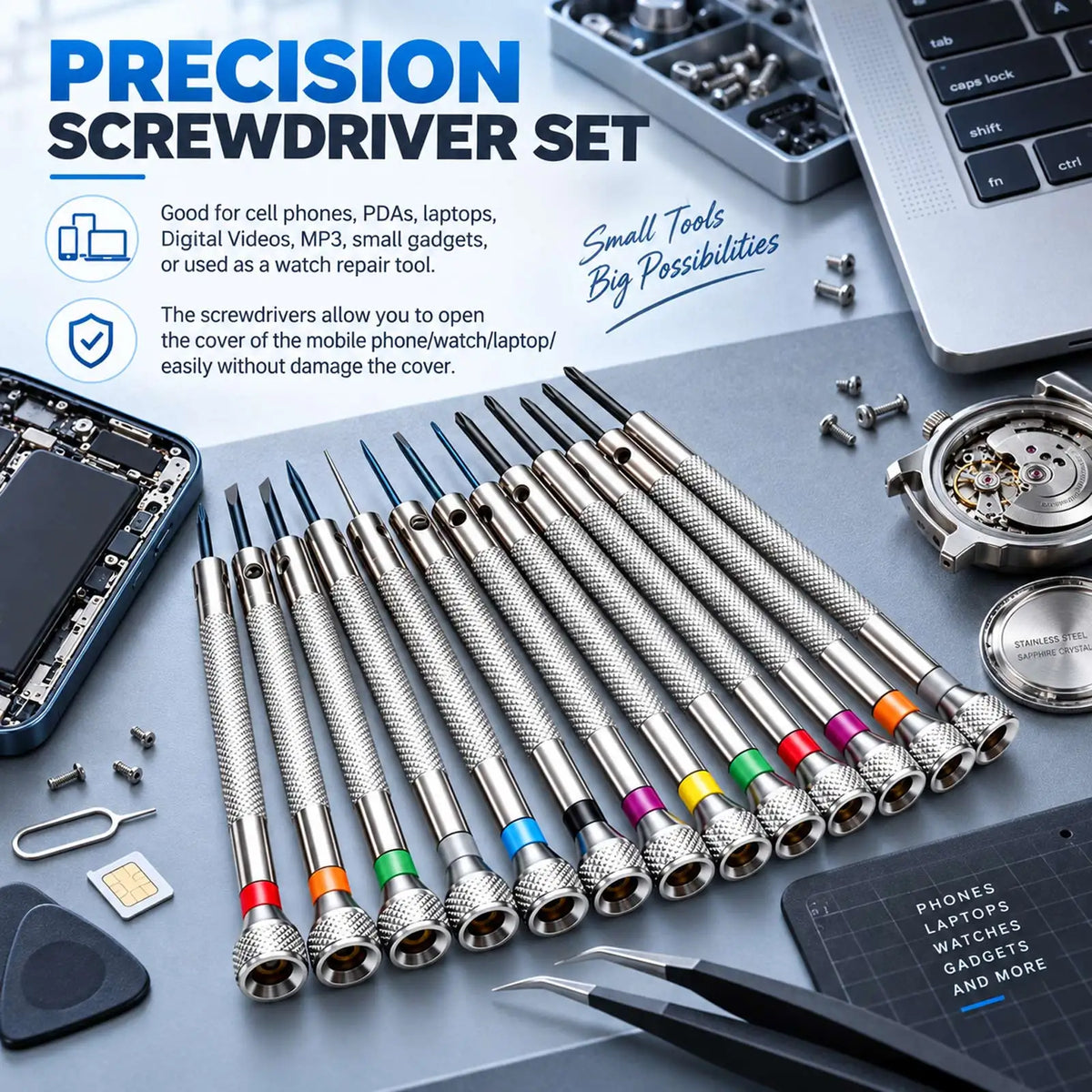 13PCS/Set Professional 0.6-2.0mm 90mm Long Slotted Cross Screwdriver Kit Watchmakers Watch Repair Tools Set