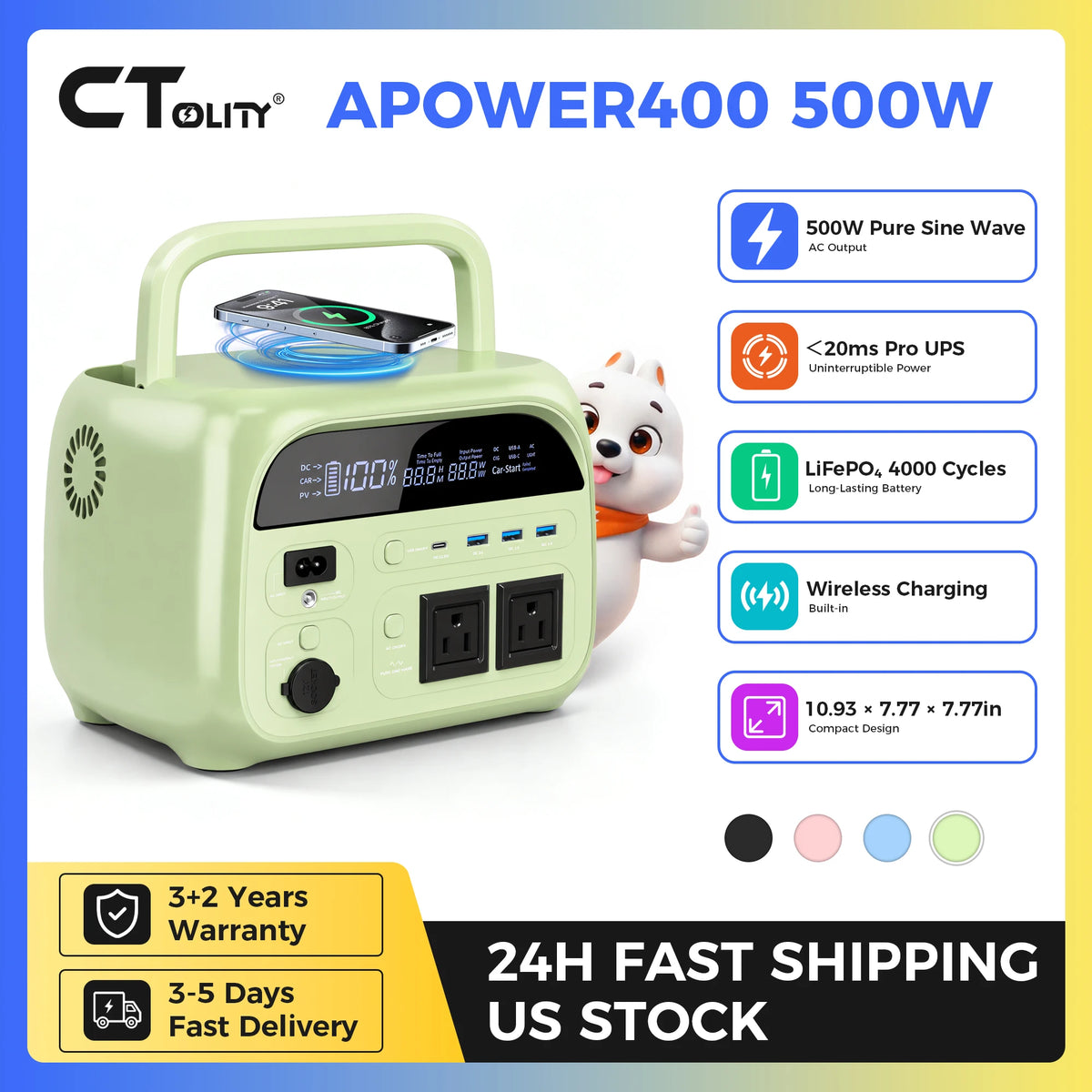 CTOLITY AP200 200W 192Wh Power Bank, AP400 500W Portable Power Station-345.6Wh LiFePo4 Battery AC Charging Station Camping Equipment