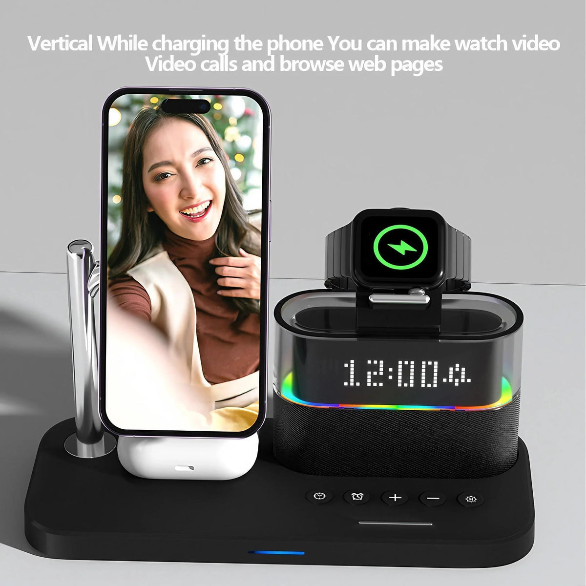 Wireless Charging Station 3 In 1 Magnetic Charger 15W Fast Charging Stand Dock For iPhone 15 14 13 12 Pro Max Mini Apple Watch Series 9 8 7 6 5 4 3 2 SE AirPods Pro 2 With RGB Night Light Alarm Clock Foldable Portable Travel