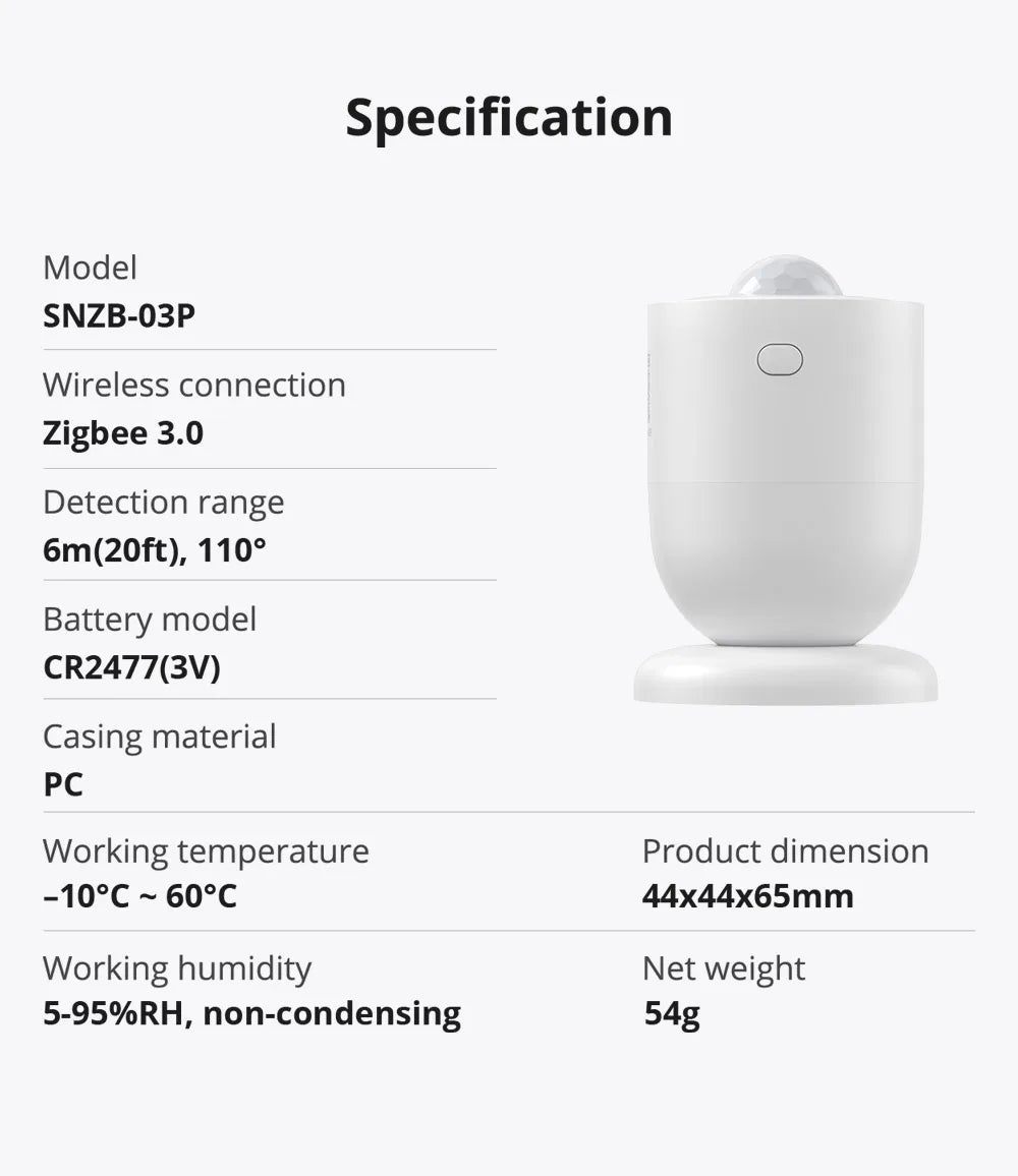 SONOFF SNZB-03P Wireless Zigbee Motion Sensor Smart Home Automation Module Movement Detection Sensor Zigbee 3.0 Via EWelink APP