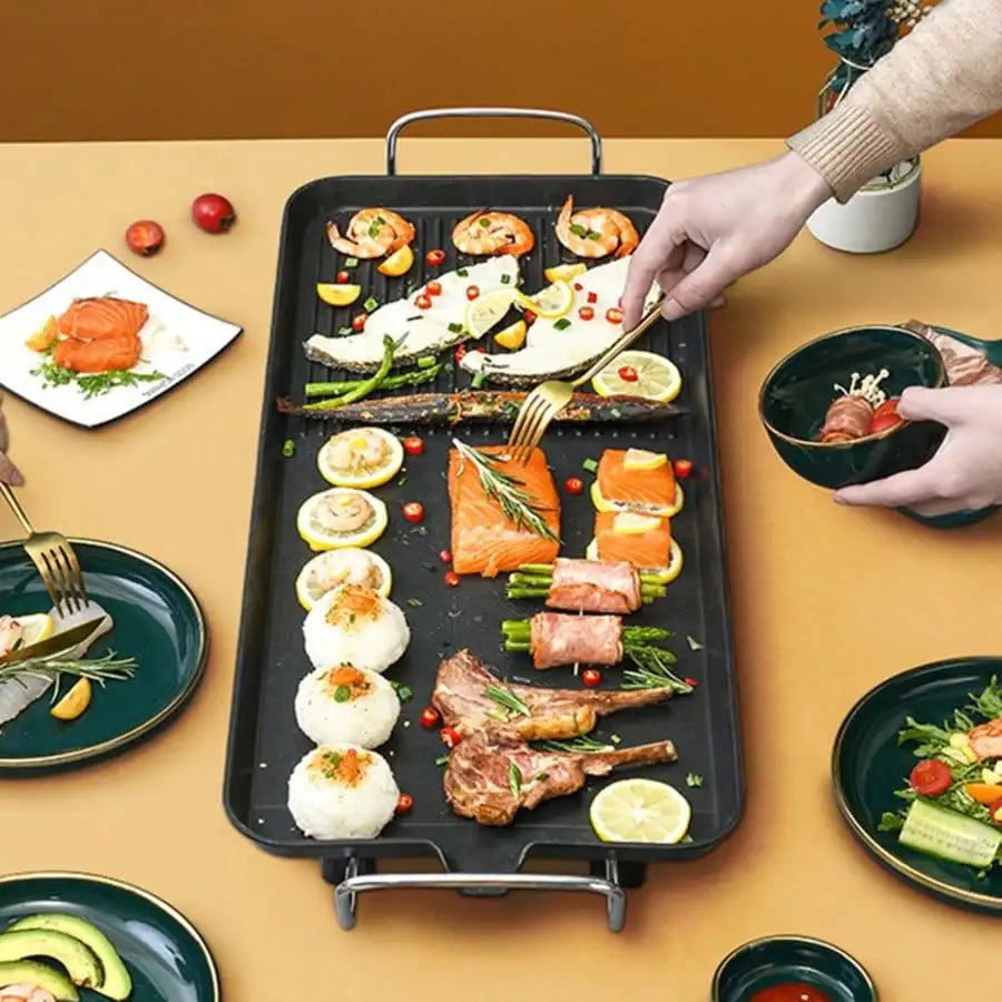 Electric Oversized Detachable Non-Stick Baking Tray, Smoke-Free Grill Plate with Dual Cooking Zones & Separable Temperature Controller